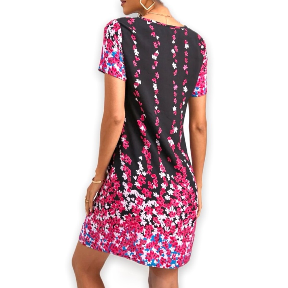 New Boho Floral Print Black Pink White Blue V Neck Short Sleeve Mini Tunic Dress - Picture 9 of 13